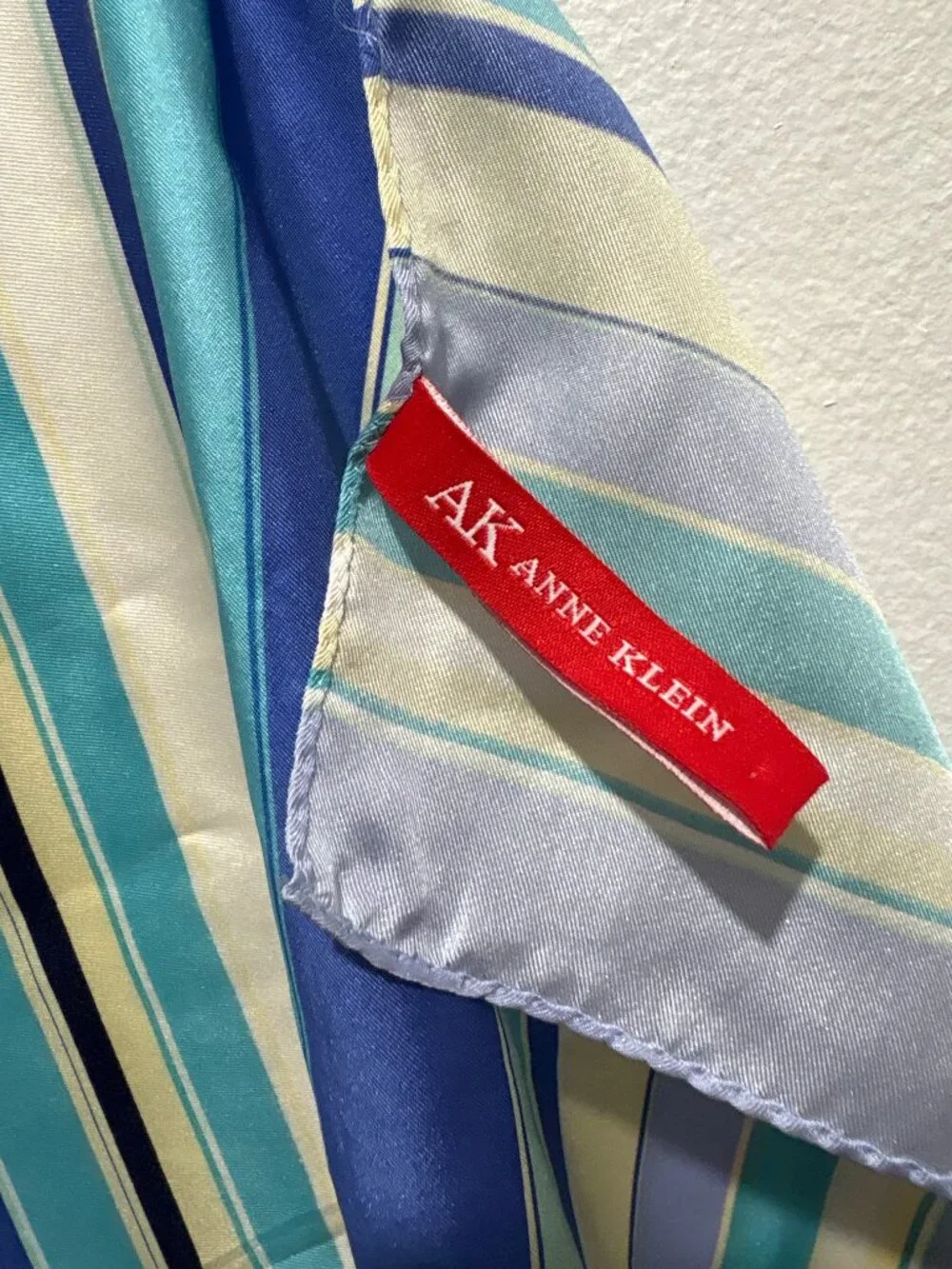 AK Anne Klein 100% silk rectangular scarf in blue, aqua & lemon stripe
